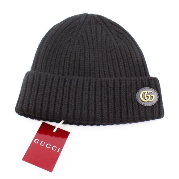 NWT Gucci Wool Cashmere Beanie Hat with Gold-Tone Double G in Black (L) - Picture 1 of 9